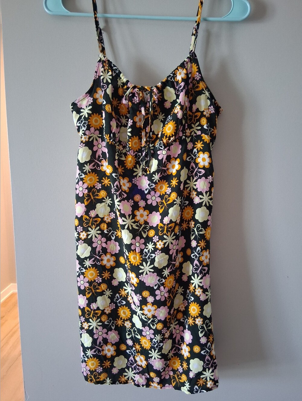Floral Spaghetti Strap Slip Dress - Black with Yellow & Pink Flowers-Never Worn
